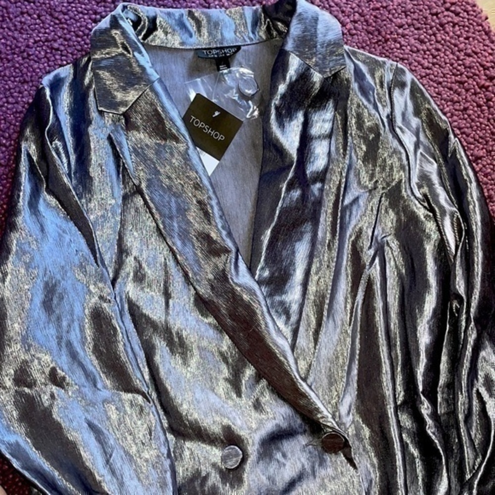 NWT Topshop top shop Metallic Blazer Dress shiny grey silver jacket dress mini 6 - Picture 7 of 7